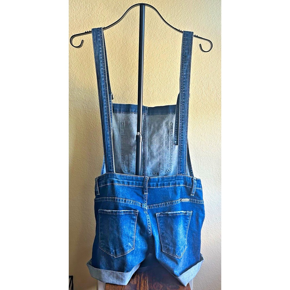 KanCan Women's Sz M Blue Denim Distressed Overall Shorts Romper Stretch Pockets - Picture 14 of 14